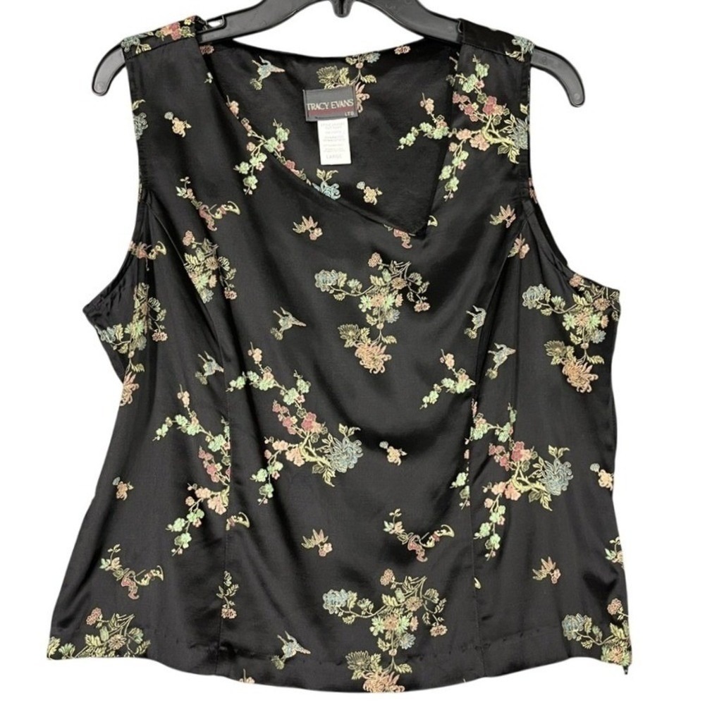 Tracy Evans Floral Hummingbird Jacquard Asymmetrical Neck Sleeveless Top L Women